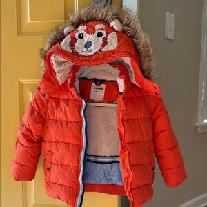 Boden Red Kids Puffer Jacket with Fox Hood